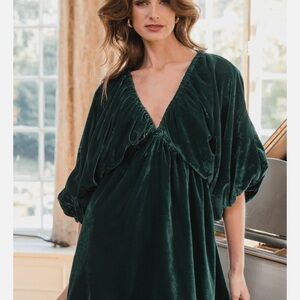 NEW Free People Green Emerald Velvet Balloon Sleeve Mini Dress